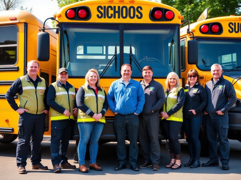 Team group photo near buses